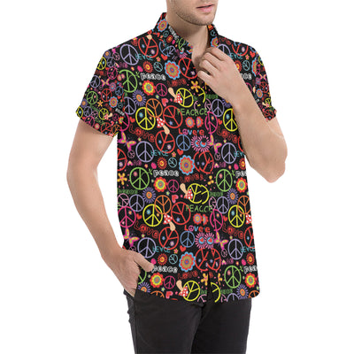 Peace Sign Colorful Design Print Men's Short Sleeve Button Up Shirt