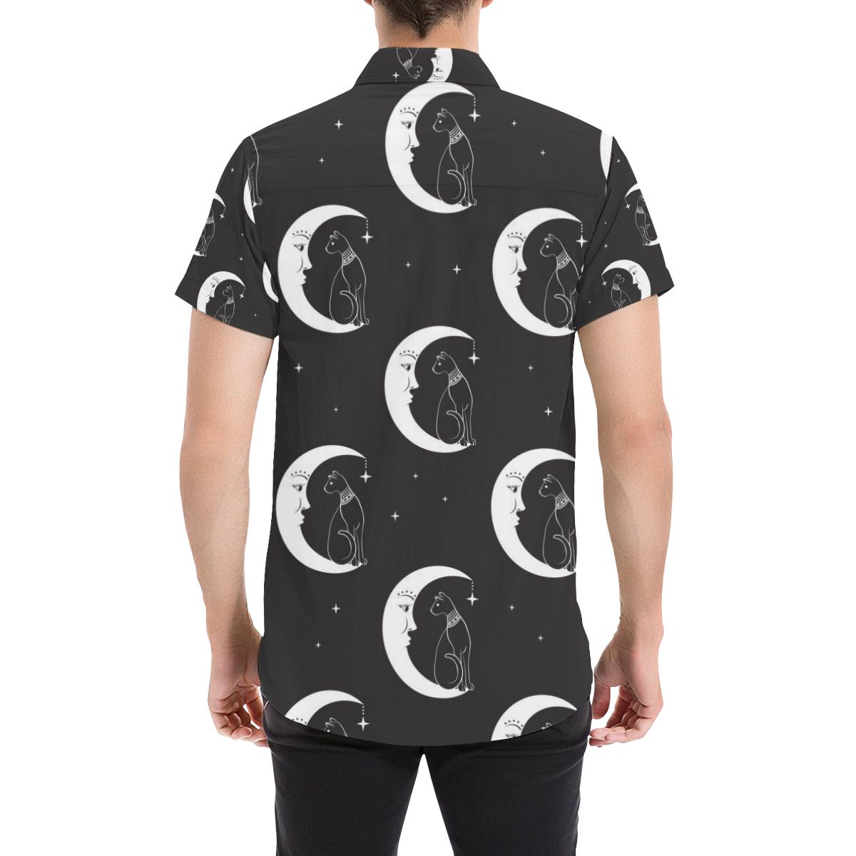 Moon with Cat Pattern Print Design 04 Men's Short Sleeve Button Up Shirt