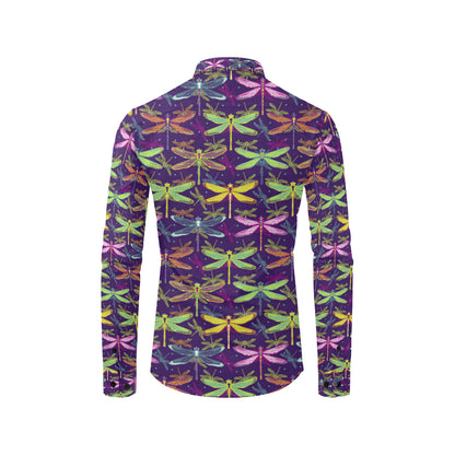 Dragonfly Neon Color Print Pattern Men's Long Sleeve Shirt