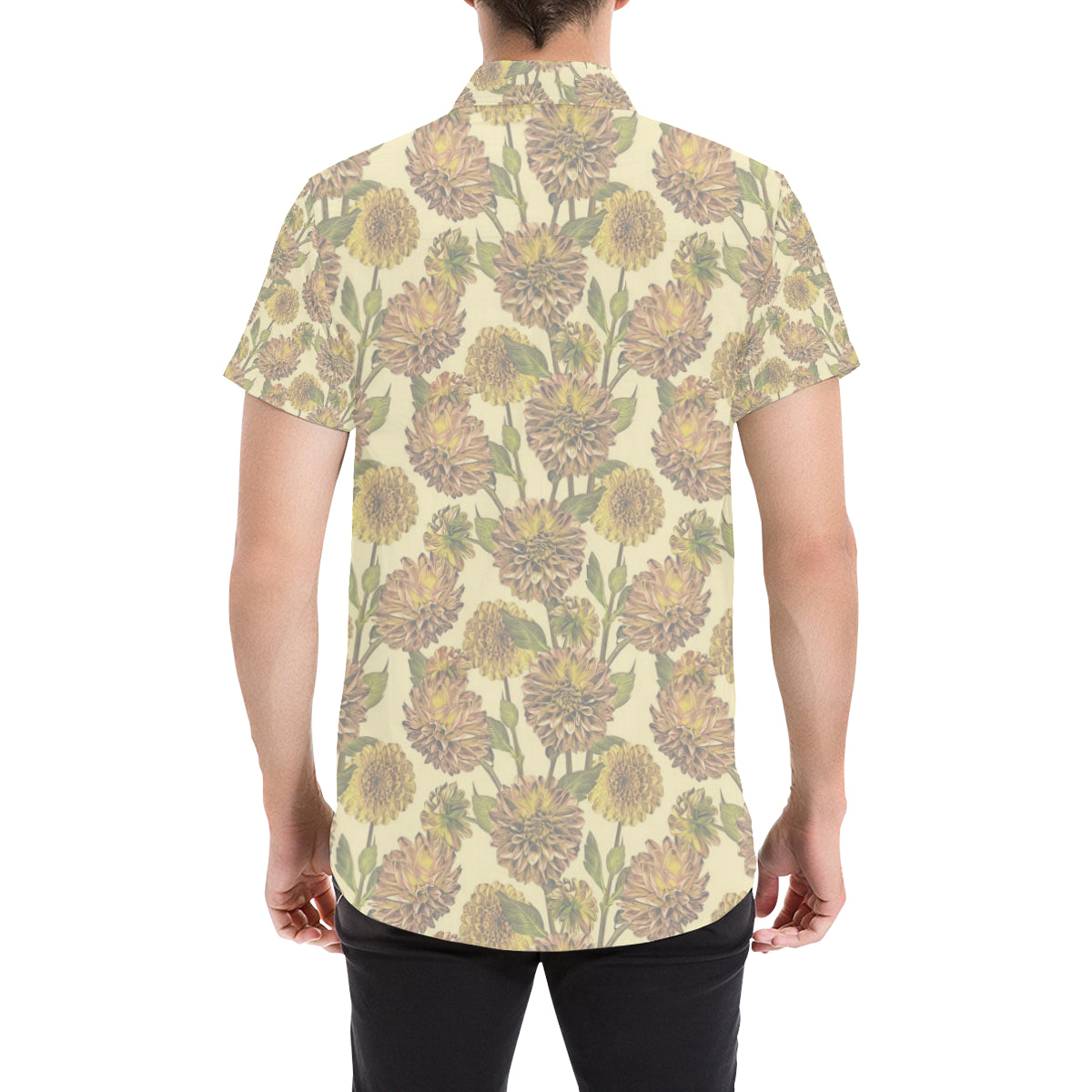 Dahlia Pattern Print Design DH09 Men's Short Sleeve Button Up Shirt