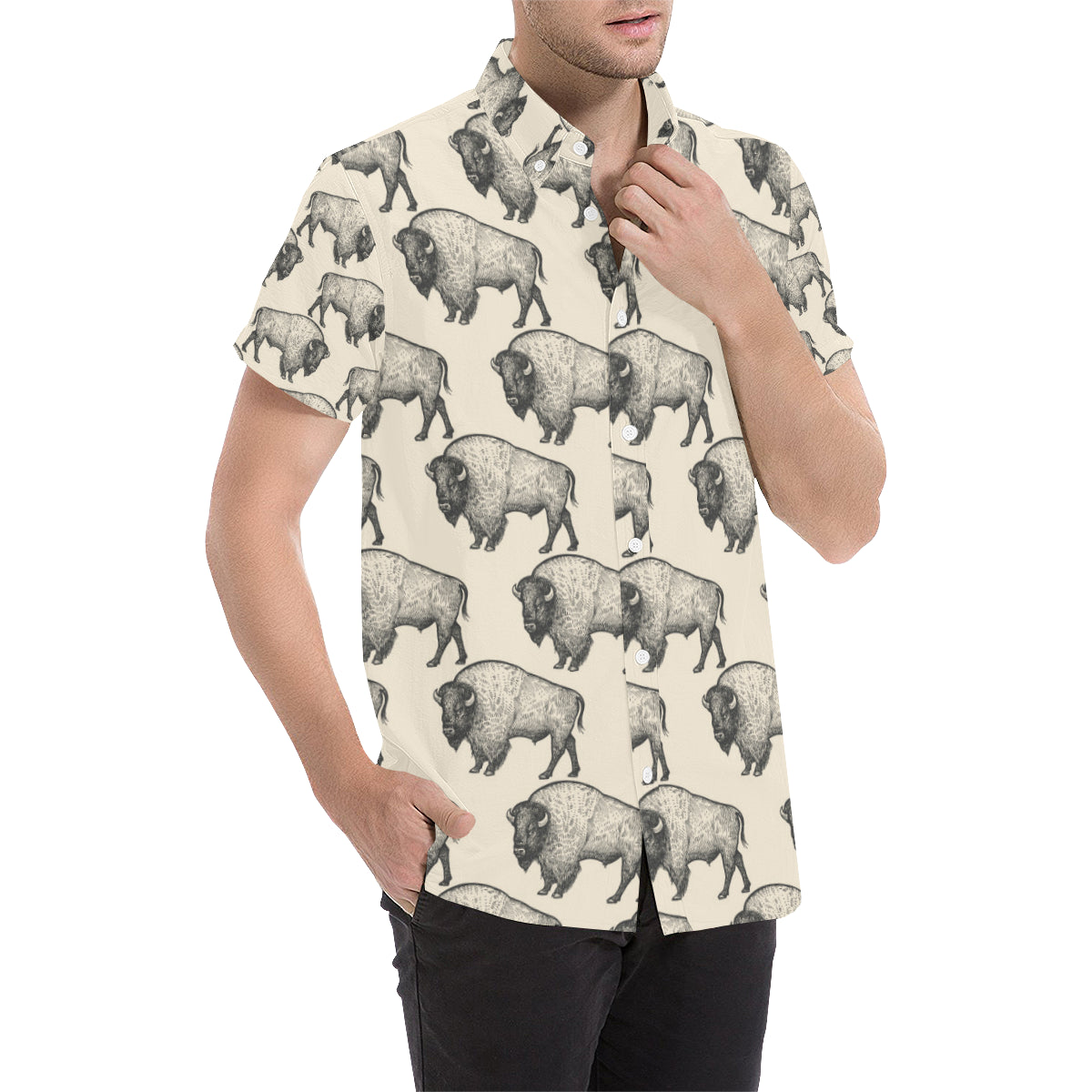 Bison Pattern Print Design 02 Men's Short Sleeve Button Up Shirt