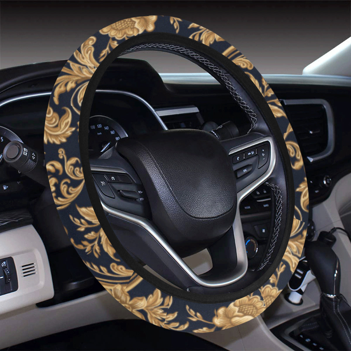Baroque Golden Pattern Print Design 03 Steering Wheel Cover with Elastic Edge