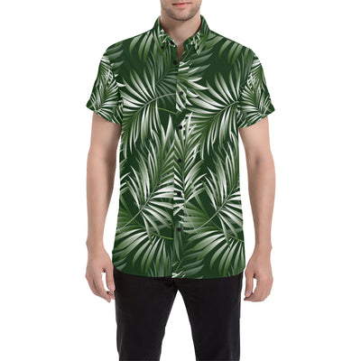White Green Tropical Palm Leaves Men's Short Sleeve Button Up Shirt
