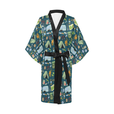 Camping Pattern Print Design 02 Women's Short Kimono