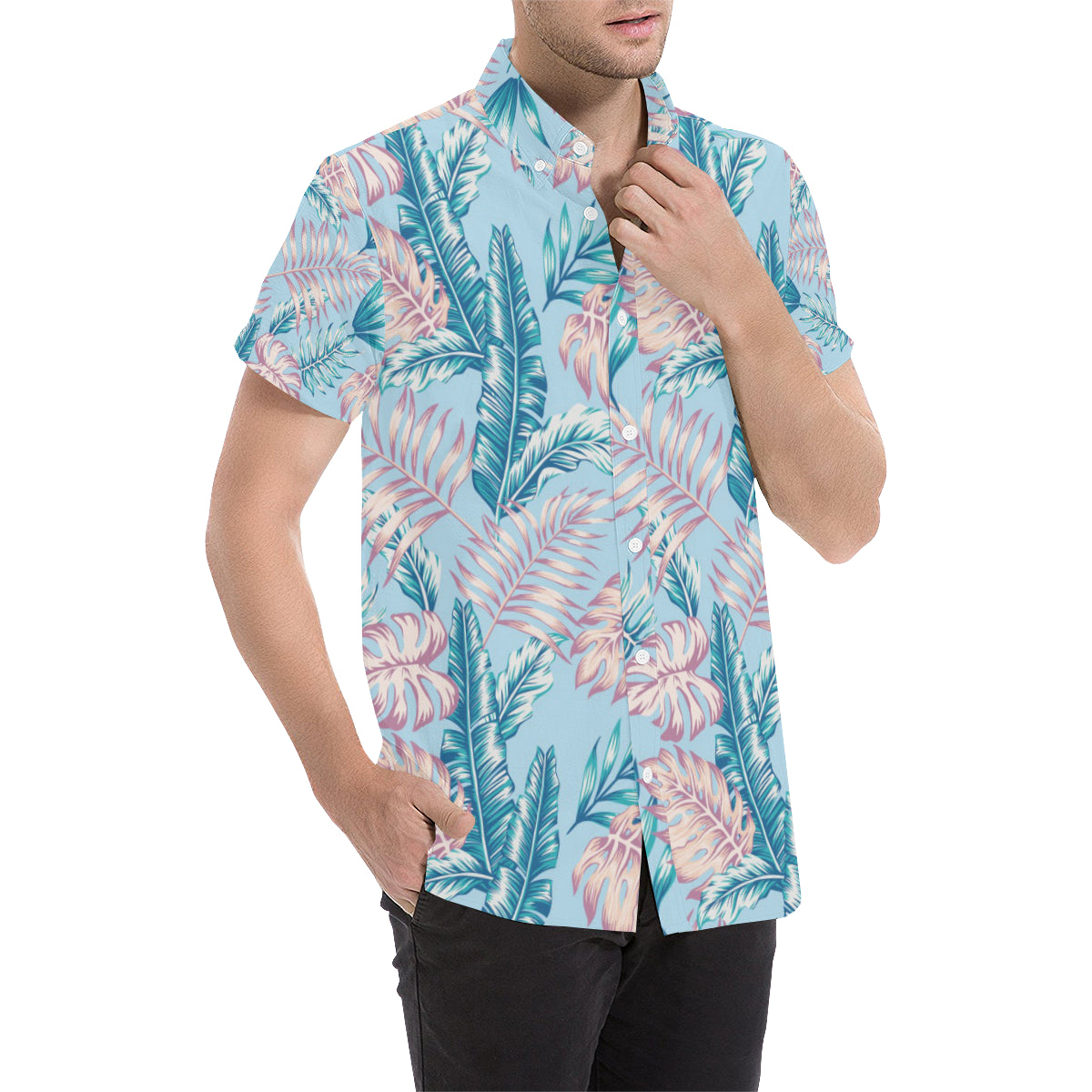 Tropical Flower Pattern Print Design TF01 Men's Short Sleeve Button Up Shirt