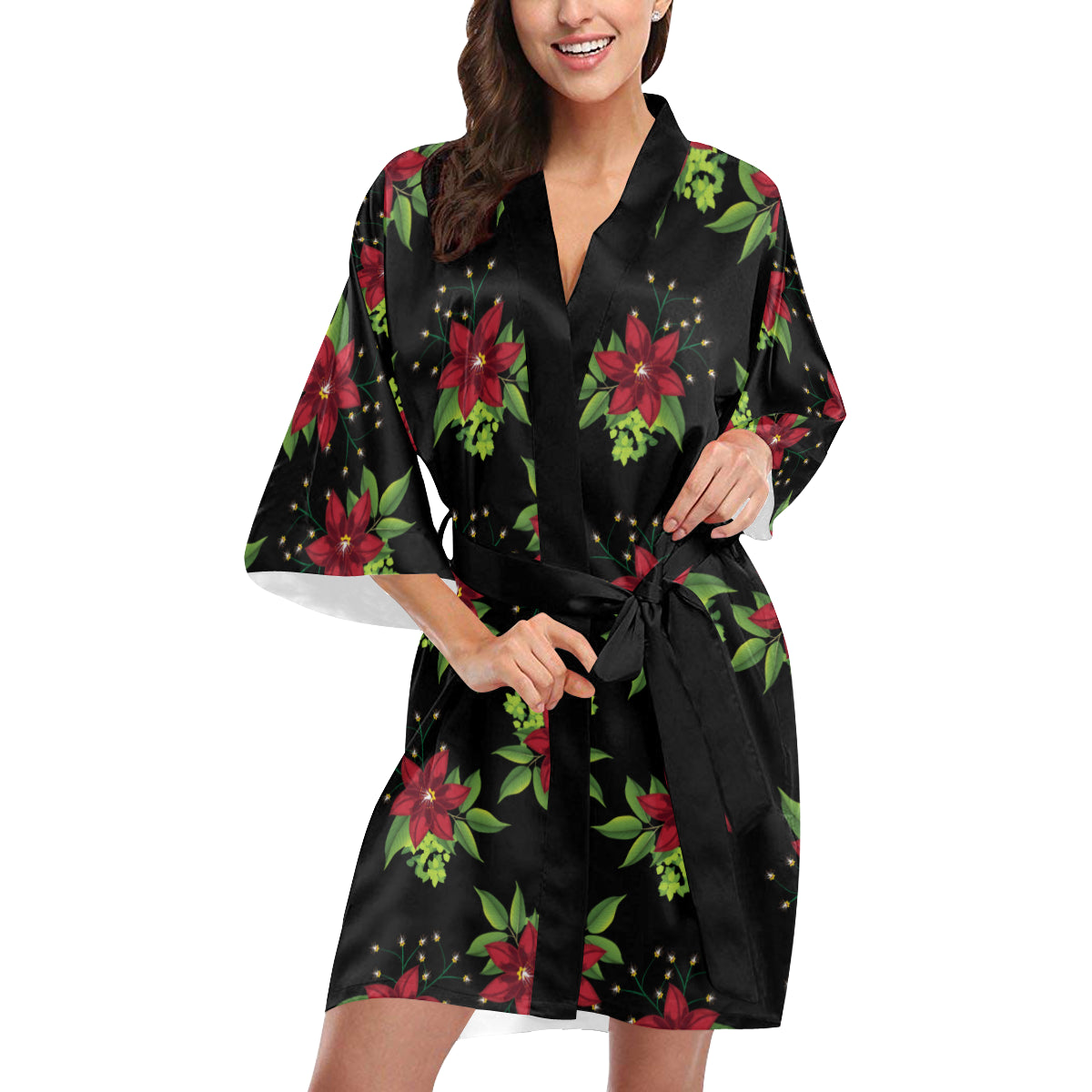 Poinsettia Pattern Print Design A01 Women's Short Kimono