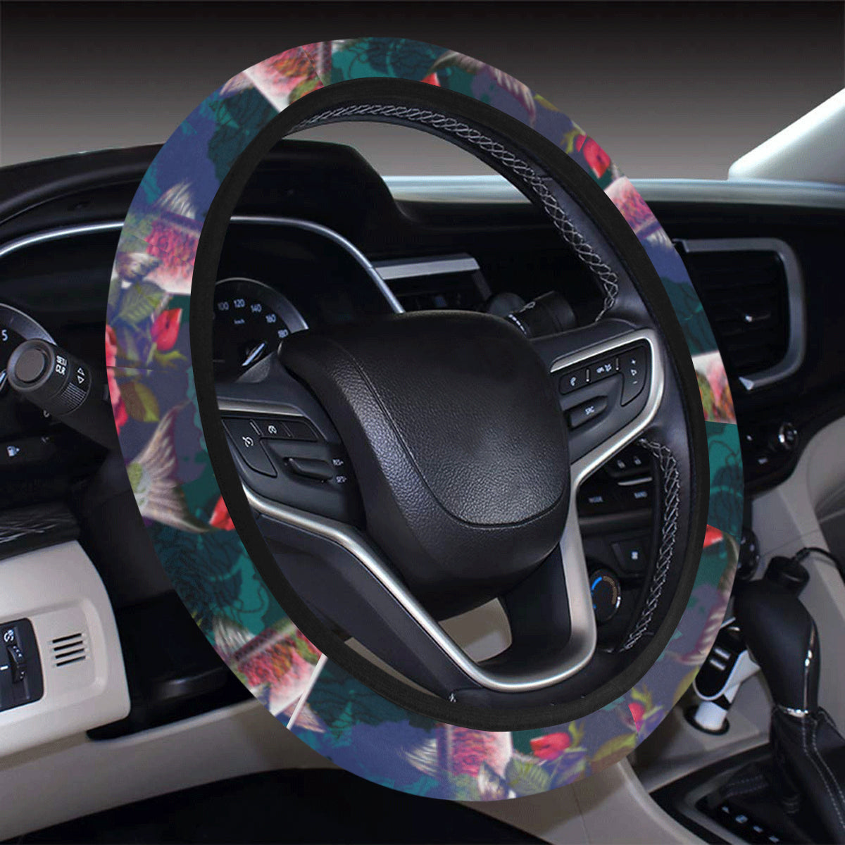 Barracuda with Folwer Pattern Print Design 01 Steering Wheel Cover with Elastic Edge