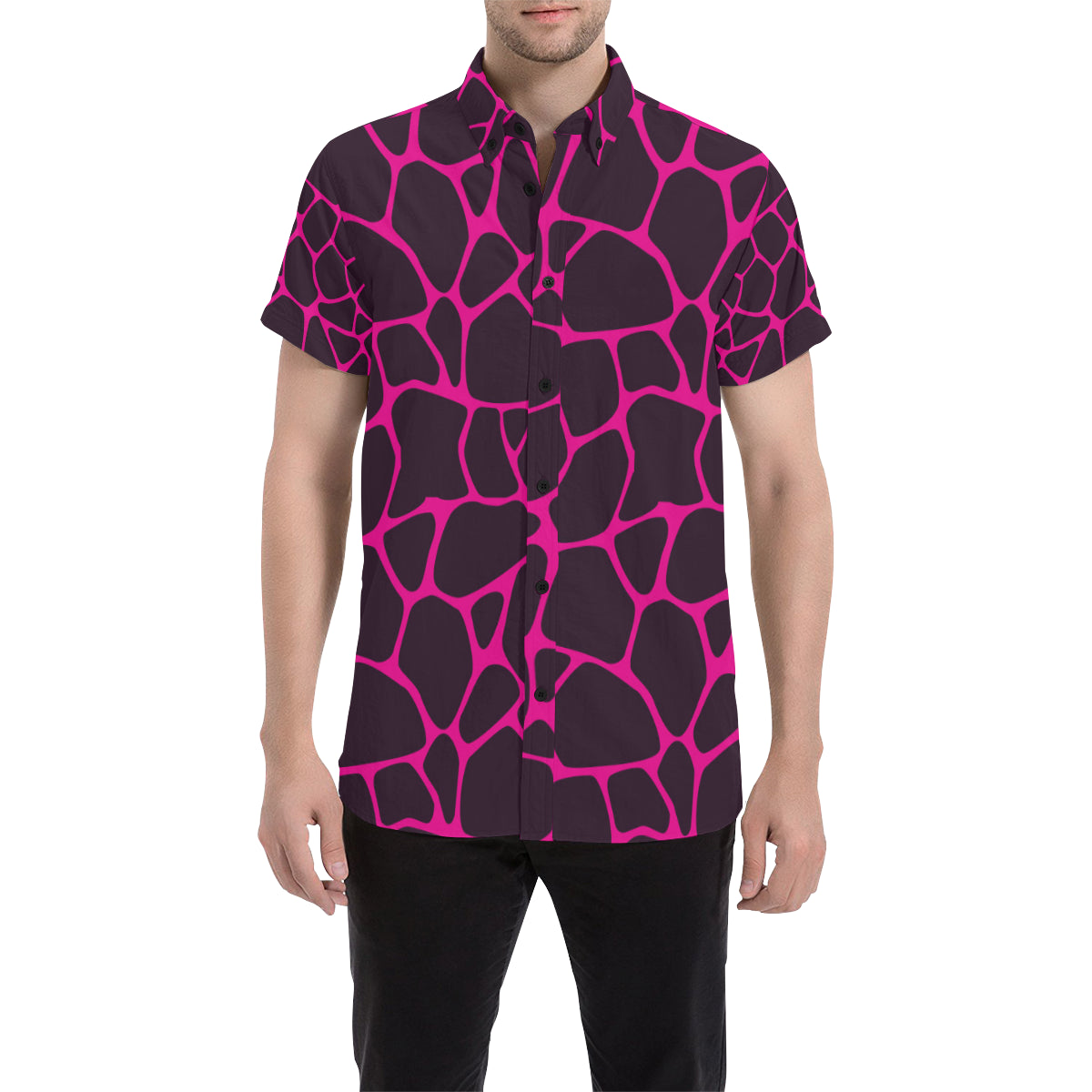 Giraffe Pink Background Texture Print Men's Short Sleeve Button Up Shirt