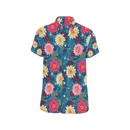 Water Lily Pattern Print Design WL05 Men's Short Sleeve Button Up Shirt