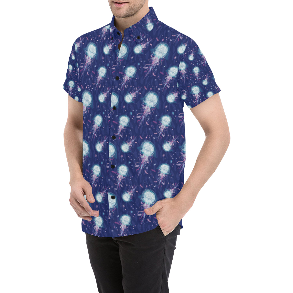 Jellyfish Cute Design Men's Short Sleeve Button Up Shirt