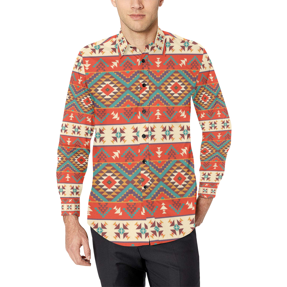 Aztec Red Print Pattern Men's Long Sleeve Shirt