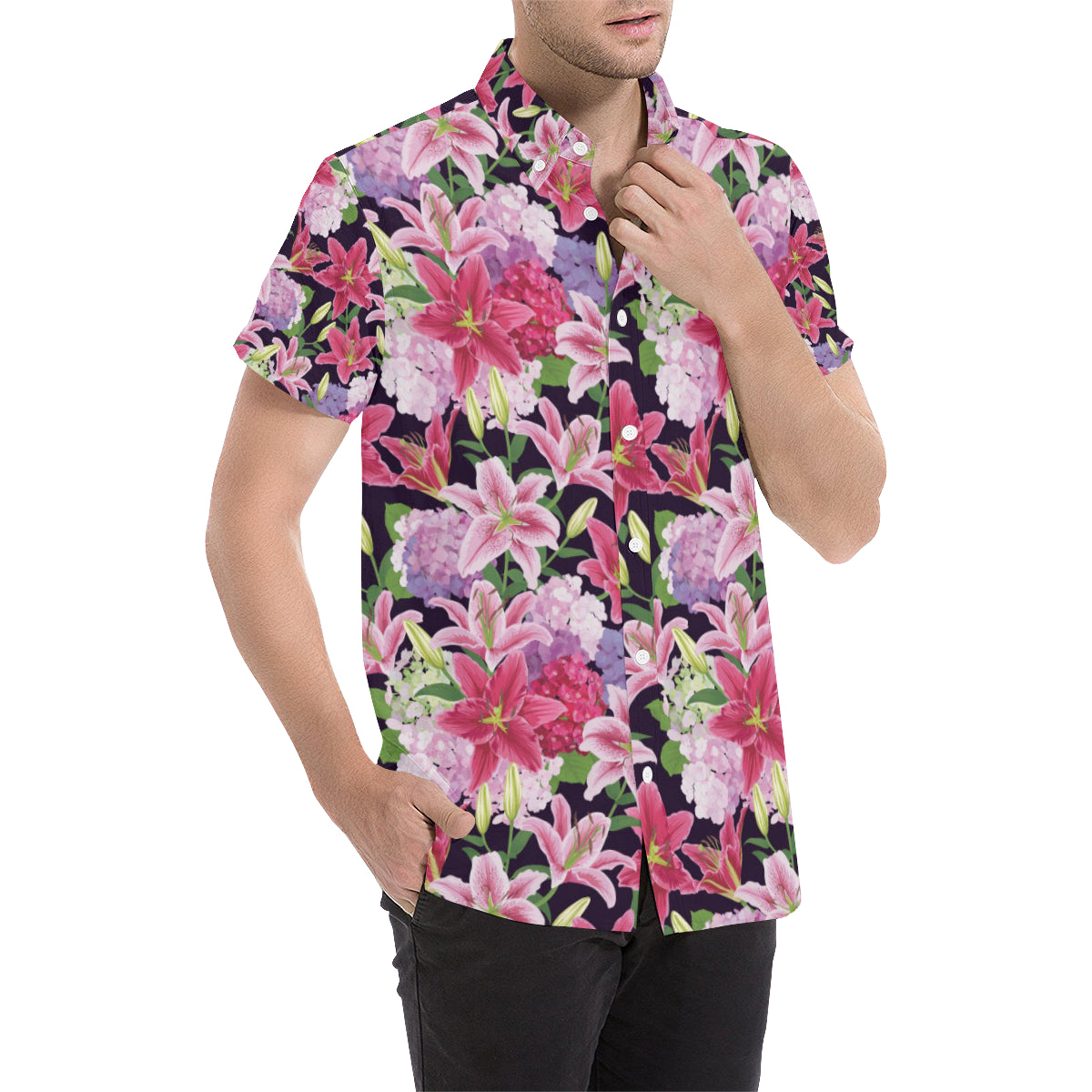 Lily Pattern Print Design LY017 Men's Short Sleeve Button Up Shirt