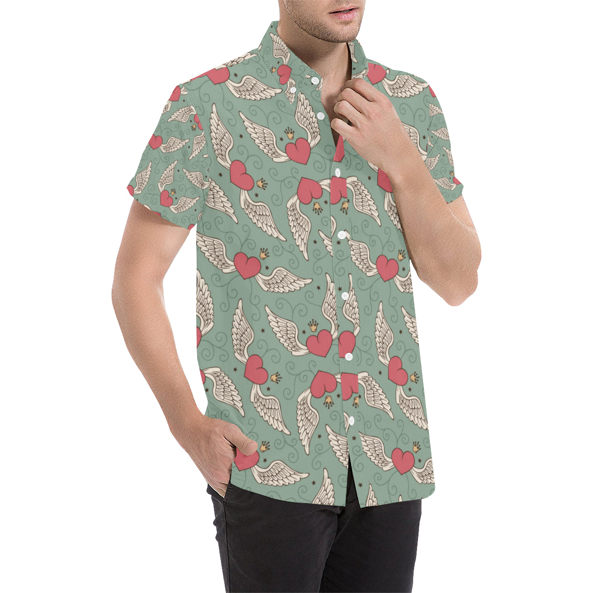 Angel Wings Heart Design Themed Print Men's Short Sleeve Button Up Shirt
