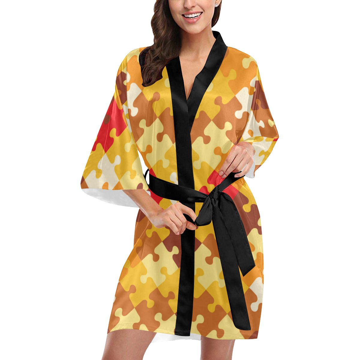 Puzzle Pattern Print Design A01 Women's Short Kimono