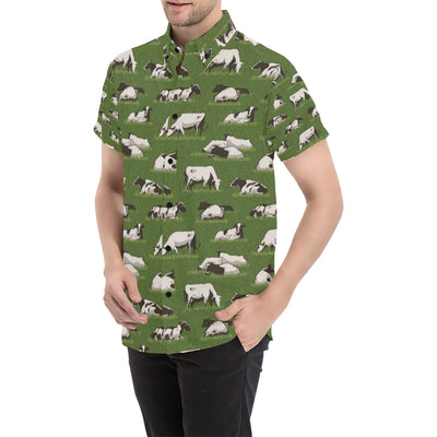 Cow on Grass Print Pattern Men's Short Sleeve Button Up Shirt