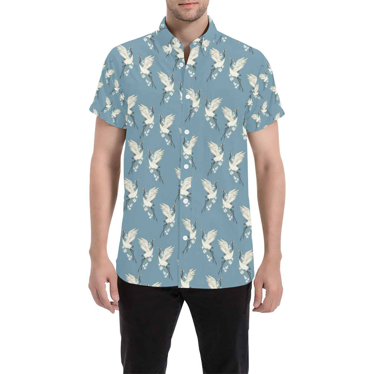 Crane Pattern Print Design 05 Men's Short Sleeve Button Up Shirt