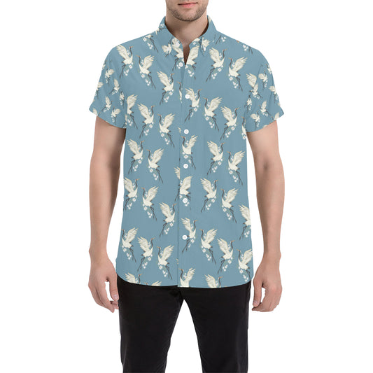 Crane Pattern Print Design 05 Men's Short Sleeve Button Up Shirt