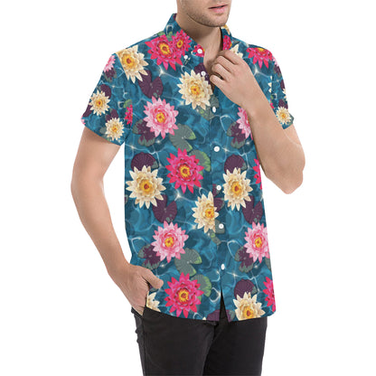 Water Lily Pattern Print Design WL05 Men's Short Sleeve Button Up Shirt