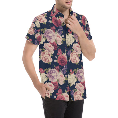 Peony Pattern Print Design PE03 Men's Short Sleeve Button Up Shirt