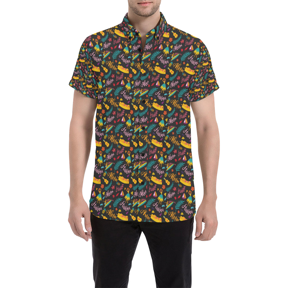 Aloha Hawaii Summer Design Themed Print Men's Short Sleeve Button Up Shirt