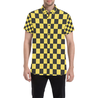 Checkered Yellow Pattern Print Design 03 Men's Short Sleeve Button Up Shirt