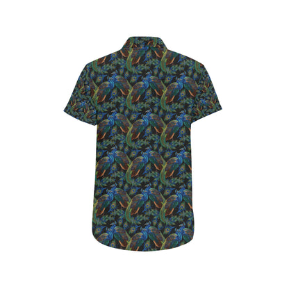 Peacock Themed Design Print Men's Short Sleeve Button Up Shirt