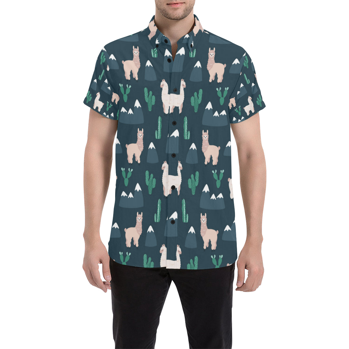 Llama Pattern Print Design 06 Men's Short Sleeve Button Up Shirt