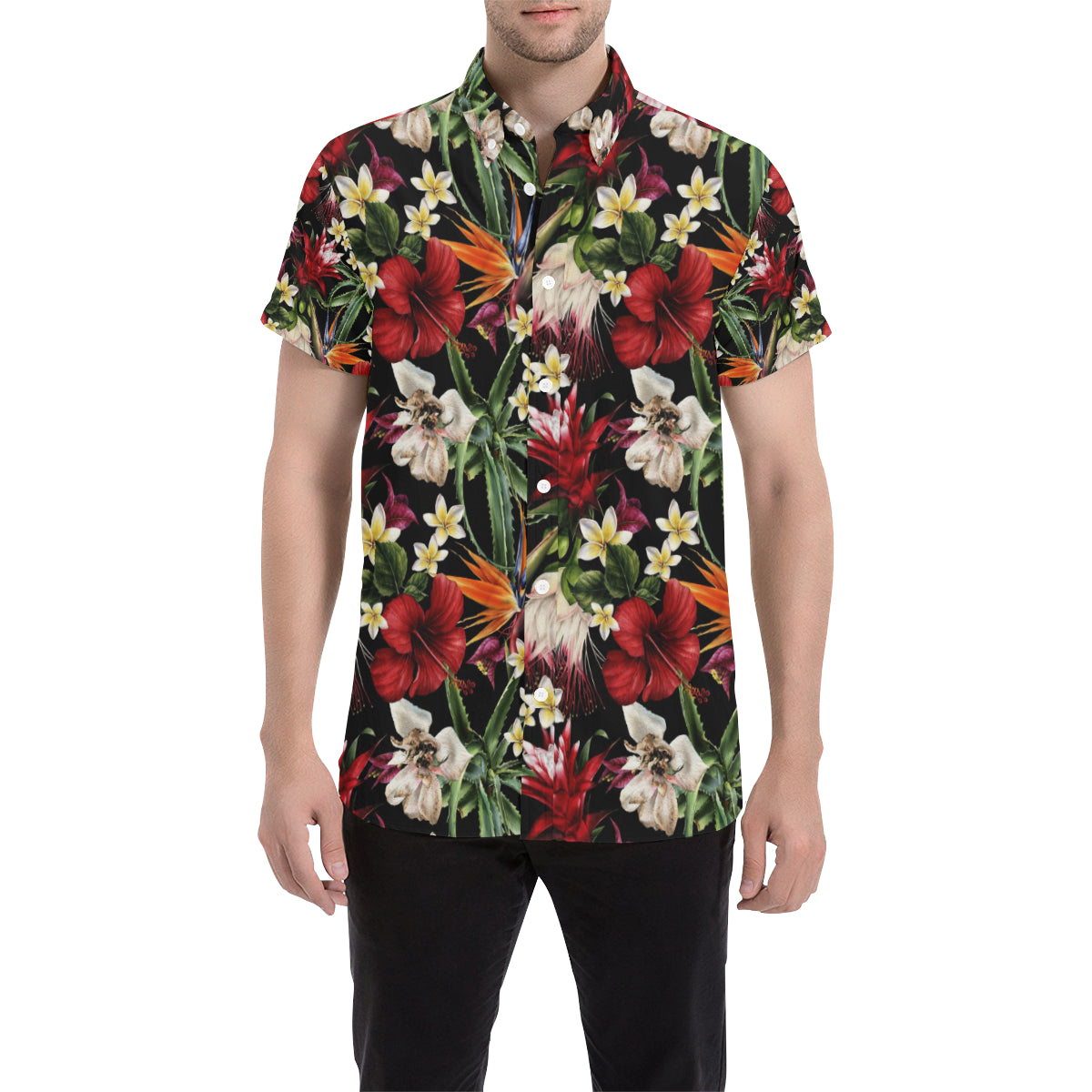 Summer Floral Pattern Print Design SF03 Men's Short Sleeve Button Up Shirt