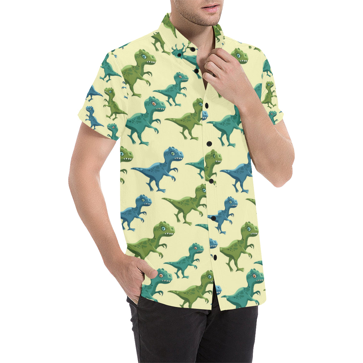 T Rex Pattern Print Design A04 Men's Short Sleeve Button Up Shirt