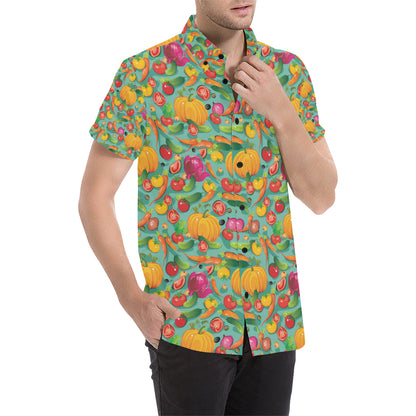 Vegan Colorful Themed Design Print Men's Short Sleeve Button Up Shirt
