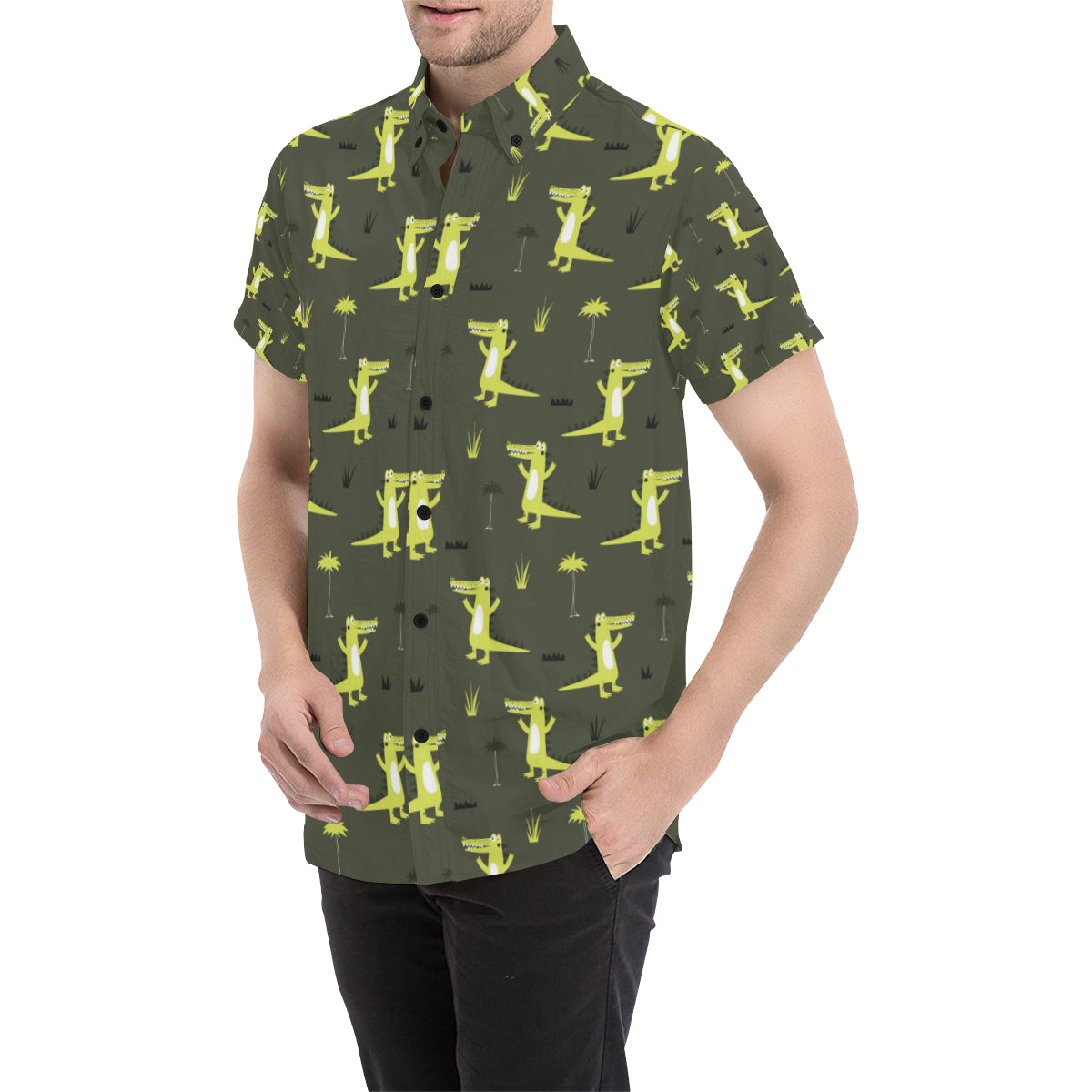 Alligator Pattern Print Design 05 Men's Short Sleeve Button Up Shirt