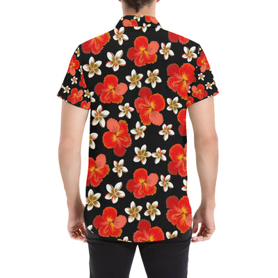 Red Hibiscus Pattern Print Design HB022 Men's Short Sleeve Button Up Shirt