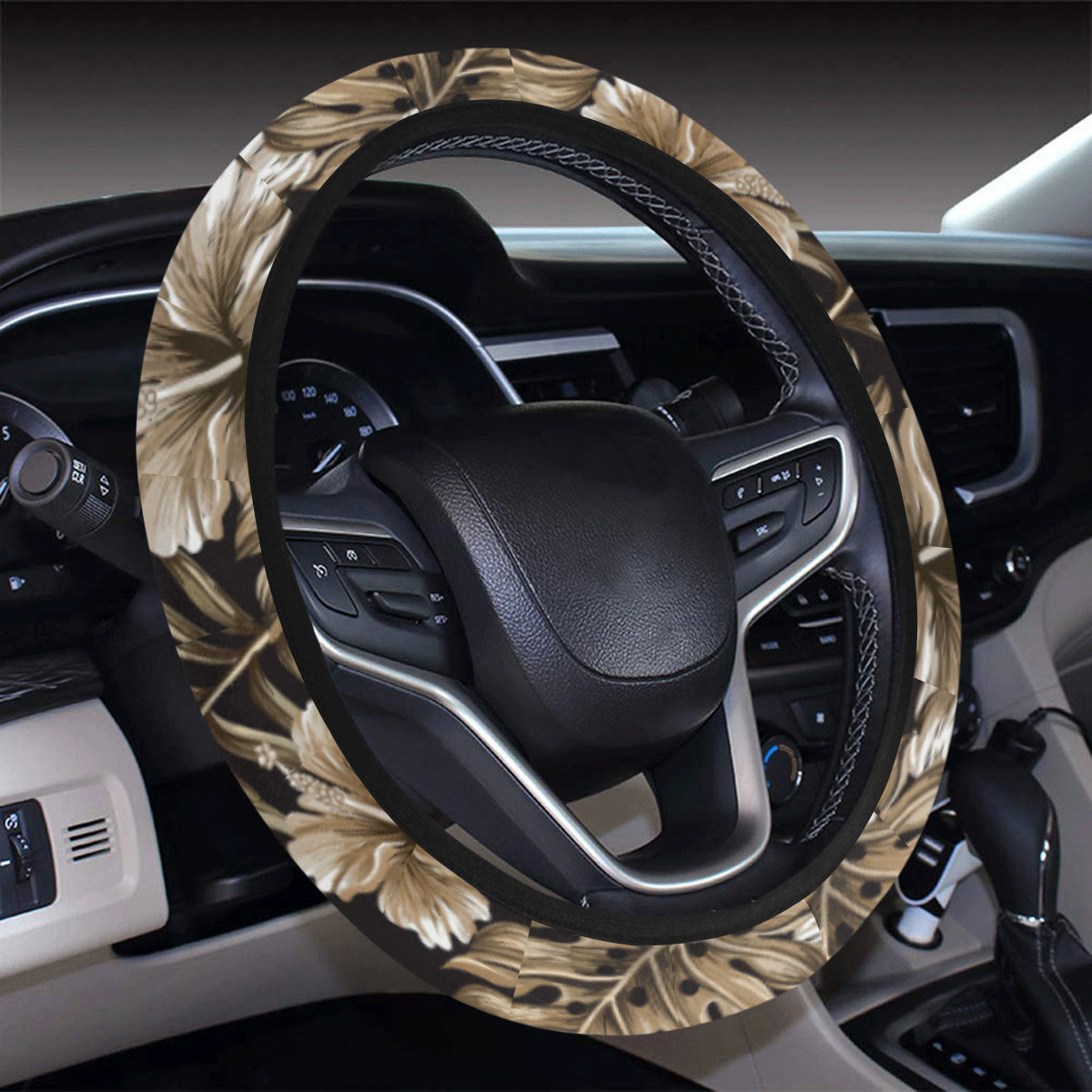 Brown Hibiscus Tropical Steering Wheel Cover with Elastic Edge