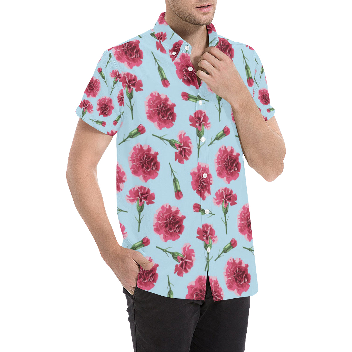 Carnations Pattern Print Design CN01 Men's Short Sleeve Button Up Shirt