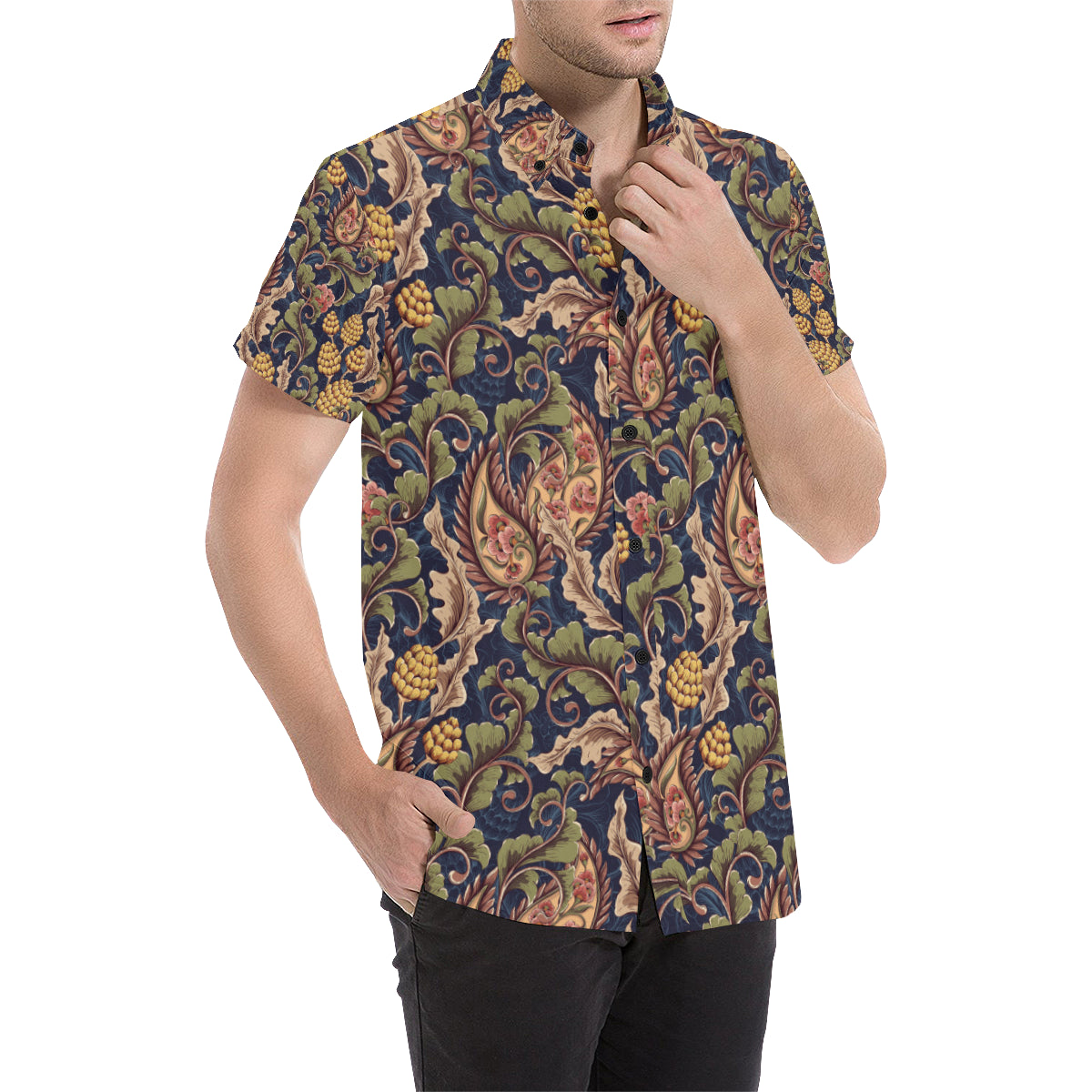 Floral Vintage Classic Print Men's Short Sleeve Button Up Shirt