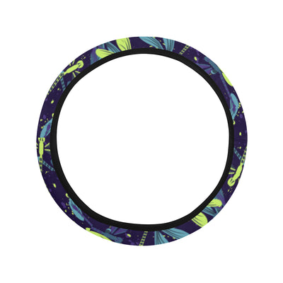 Dragonfly Lime Blue Print Pattern Steering Wheel Cover with Elastic Edge