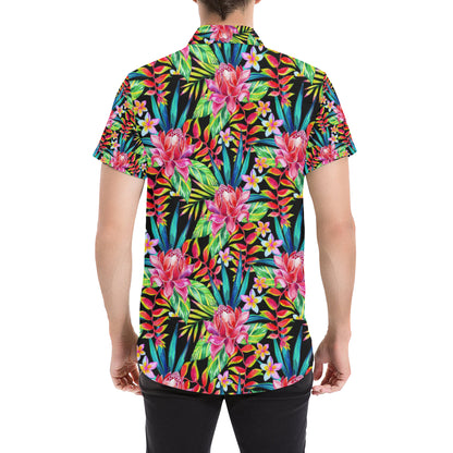 Heliconia Pattern Print Design HL02 Men's Short Sleeve Button Up Shirt