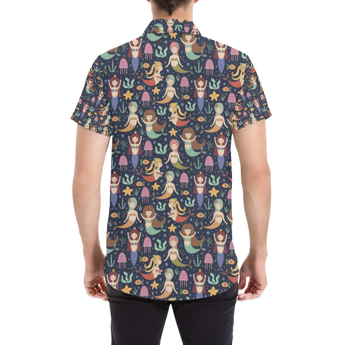 Mermaid Cartoon Pattern Print Design 03 Men's Short Sleeve Button Up Shirt