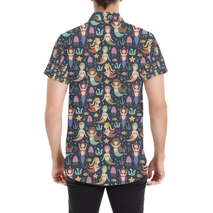 Mermaid Cartoon Pattern Print Design 03 Men's Short Sleeve Button Up Shirt