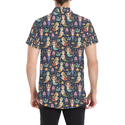 Mermaid Cartoon Pattern Print Design 03 Men's Short Sleeve Button Up Shirt