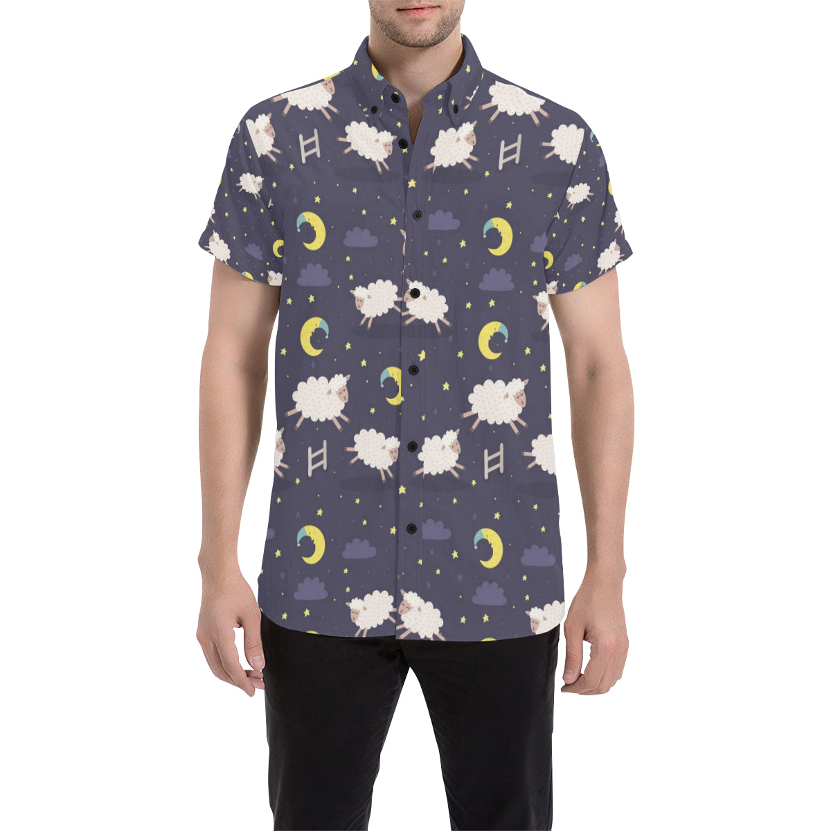 Sheep Night Pattern Print Design 02 Men's Short Sleeve Button Up Shirt