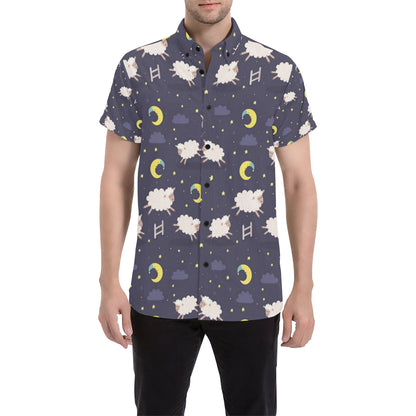 Sheep Night Pattern Print Design 02 Men's Short Sleeve Button Up Shirt