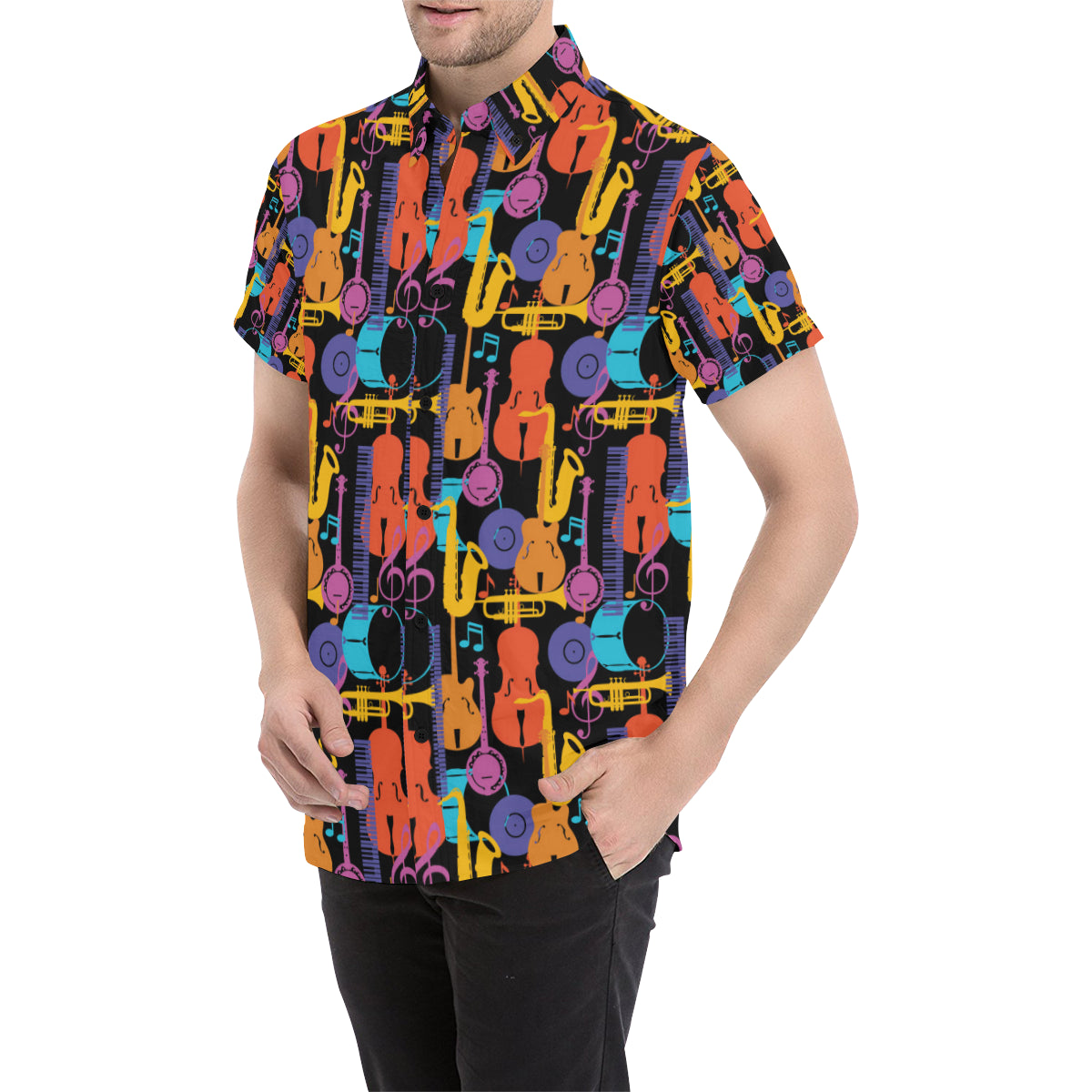 Jazz Pattern Print Design 03 Men's Short Sleeve Button Up Shirt