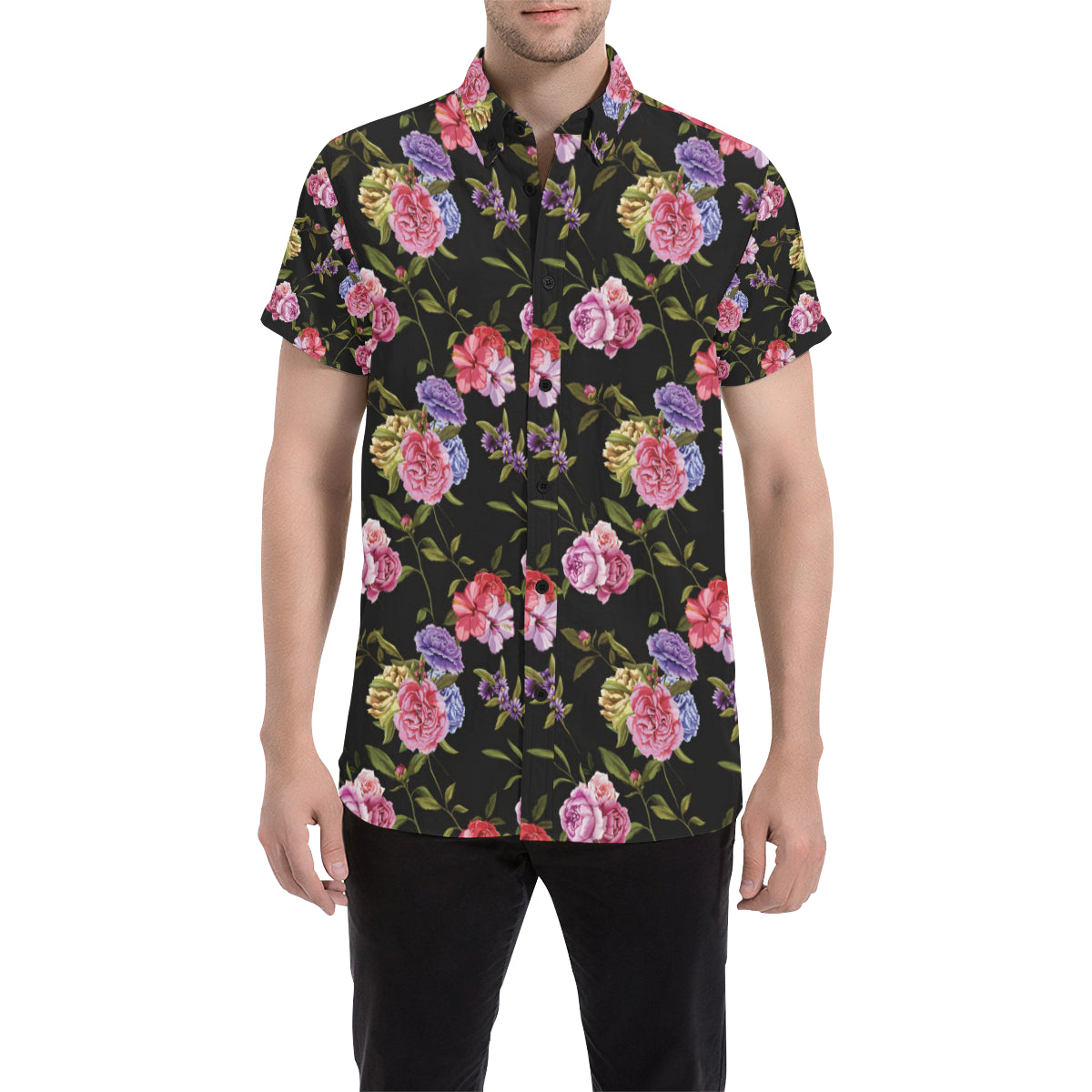 Carnations Pattern Print Design CN05 Men's Short Sleeve Button Up Shirt