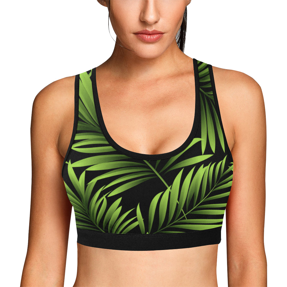 Green Neon Tropical Palm Leaves Sports Bra