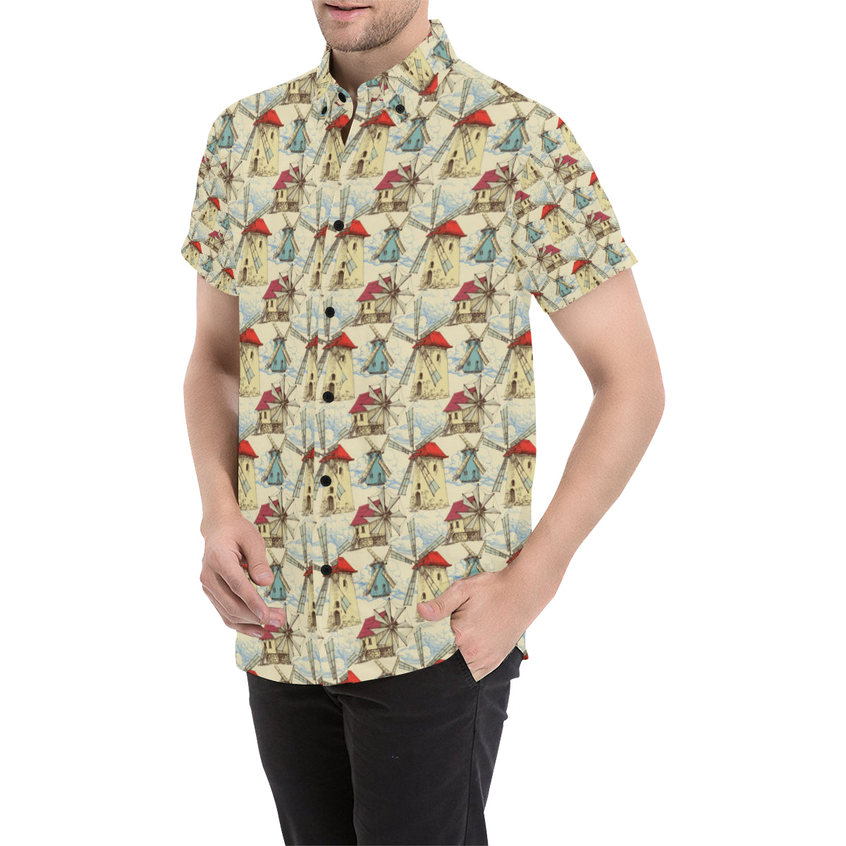 Windmill Pattern Print Design 01 Men's Short Sleeve Button Up Shirt