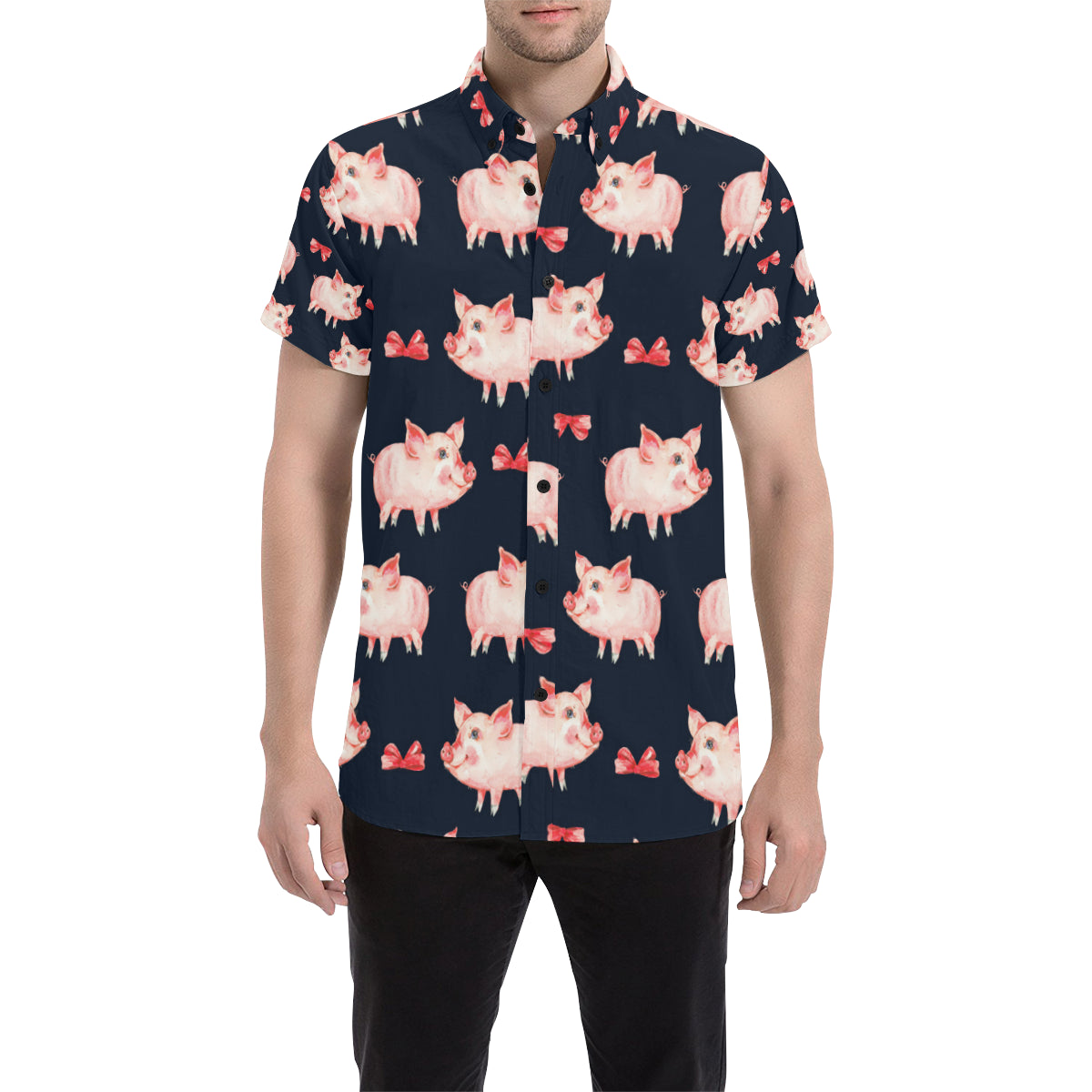 Pig Cute Pattern Print Design 02 Men's Short Sleeve Button Up Shirt