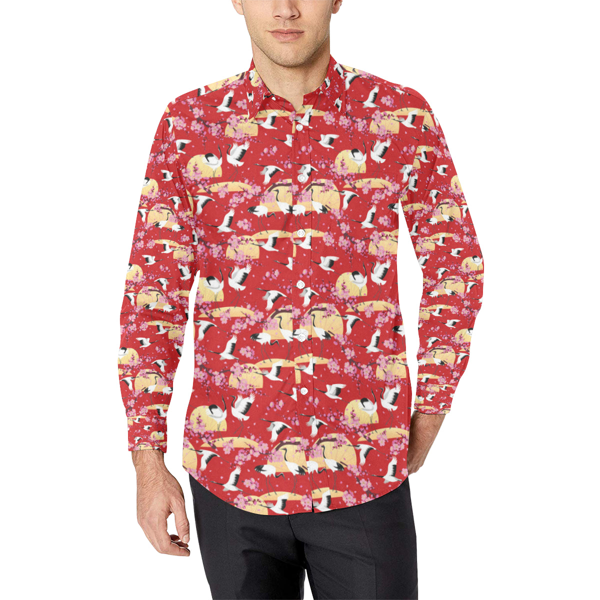 Crane Pattern Print Design 04 Men's Long Sleeve Shirt