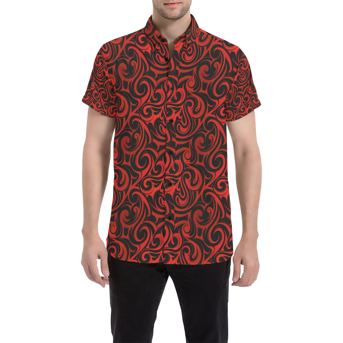 Maori Red Black Themed Design Men's Short Sleeve Button Up Shirt