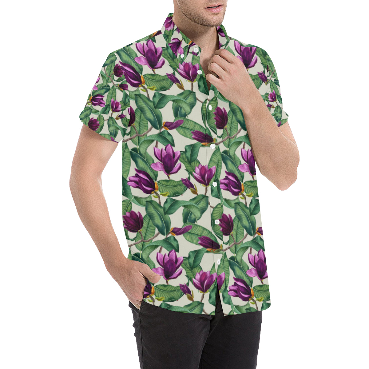Magnolia Pattern Print Design MAG07 Men's Short Sleeve Button Up Shirt
